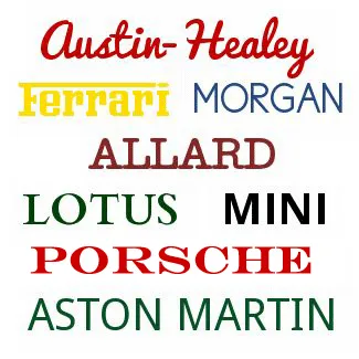 Various car manufacturer logos. Austin-Healey, Ferrari, Morgan, Allard, Lotus, Mini, Porsche, Aston Martin